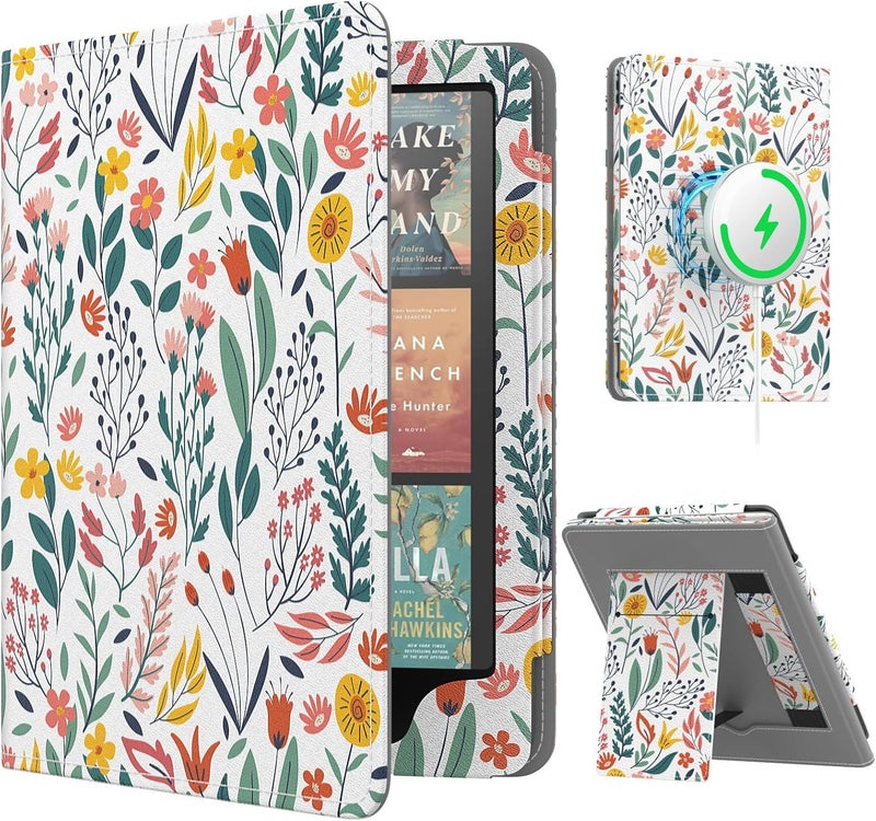 MoKo Magnetic Case for 7"/6.8" Kindle Paperwhite Signature Edition(12th/11th Gen-2024/2022) and Kindle Colorsoft-Compatible with iPhone Magsafe for Samsung/Anker Wireless Charging Pads, Flowers - Image 1
